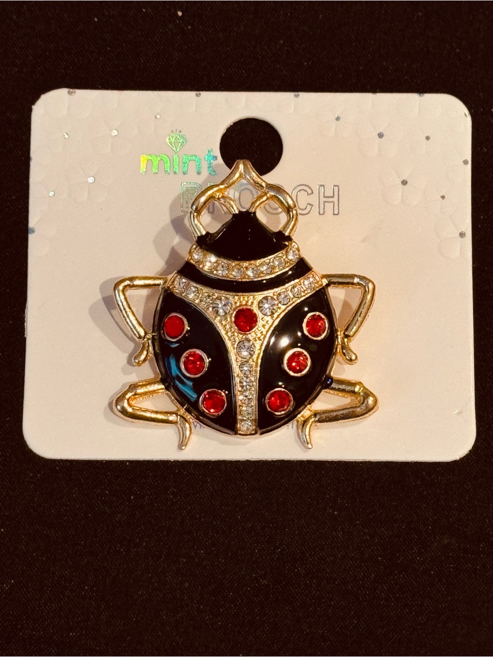 Gold Tone Rhinestone Beetle Brooch - Red & Black Enamel Insect Pin Boutique NWT
